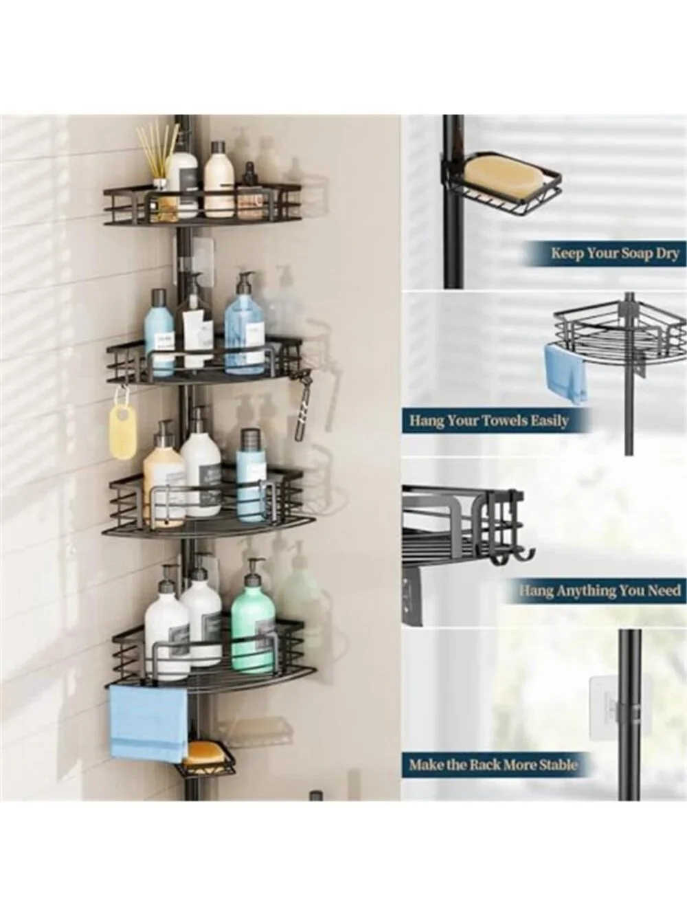 Corner Shower Caddy Tension Pole Adjustable Stainless Steel Bathroom Storage